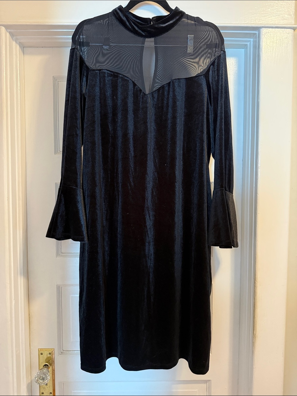 Wrapper Black Velvet Dress with Sheer Yoke and Flared Cuffs